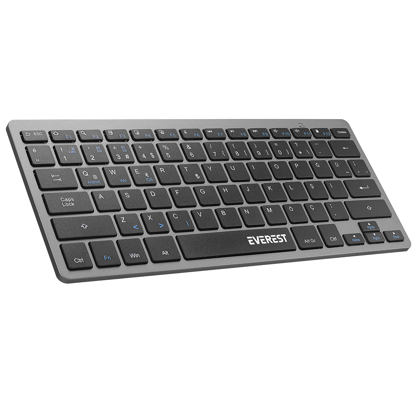 Everest KB-BT80 Siyah/Gri Bluetooth+ 2.4Ghz Ultra İnce+2*AAA Pilli Q Mac/Win/Android/Ios Uyumlu Kablosuz klavye