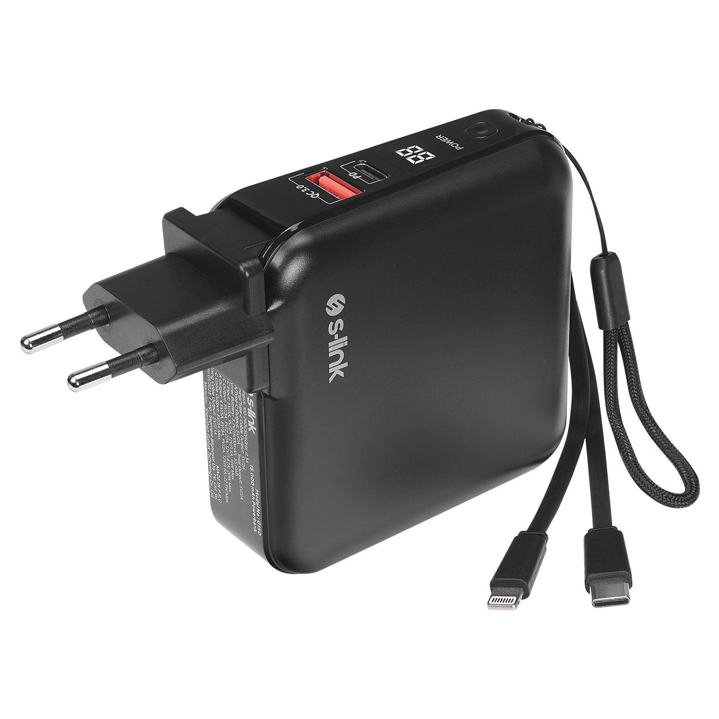 S-link G150 15000mAh Lightning+Type-C Kablolu Powerbank Siyah PD22.5W LCD AC Prizli Taşınabilir Pil Şarj Cihazı