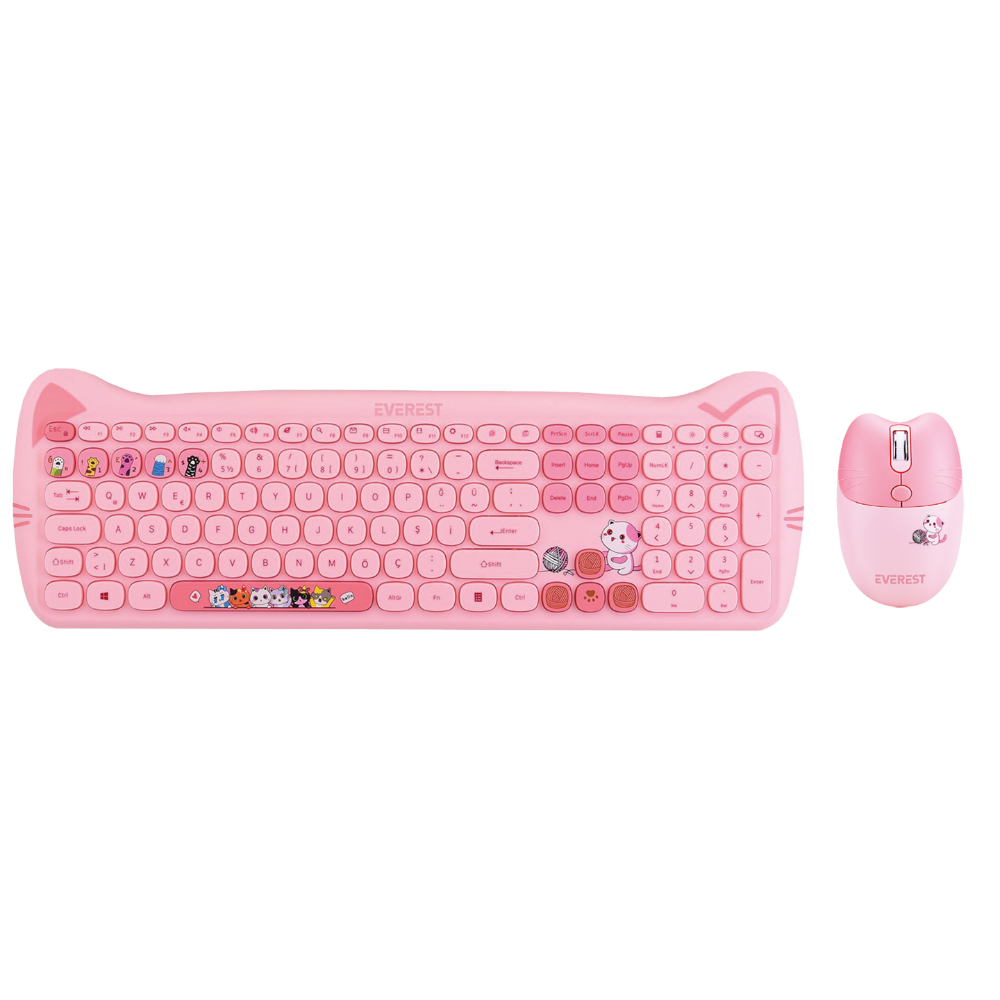 Everest KM-6283 CATTY Renkli Tuşlu Pembe Kablosuz Q Multimedia Klavye + Mouse + Pad Set