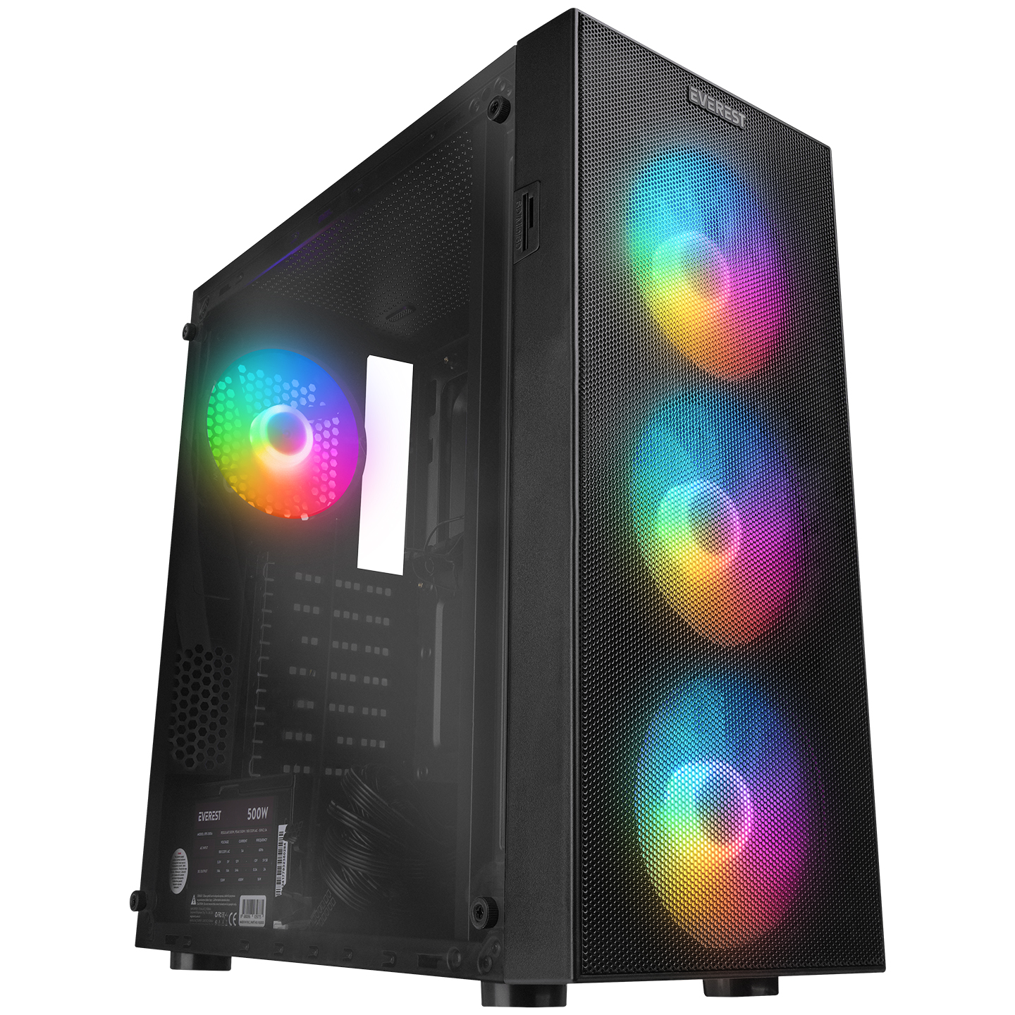 Everest FACED V3 Mesh 500W Temperli Camlı 4x12cm Sabit Rainbow Fanlı ATX Mid-T Gaming Oyuncu Kasası