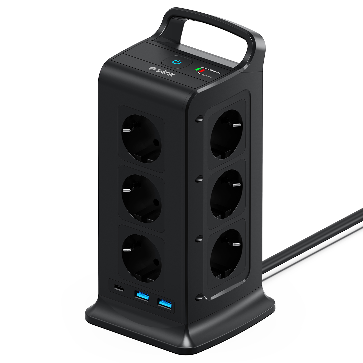 S-link PRZ02 VoltBar 12 Soketli 2*USB+TYPE-C PD Hızlı Şarjlı 2M 1050 Joule Tam Bakır Kablolu Kule Akım Koruma Grup Priz