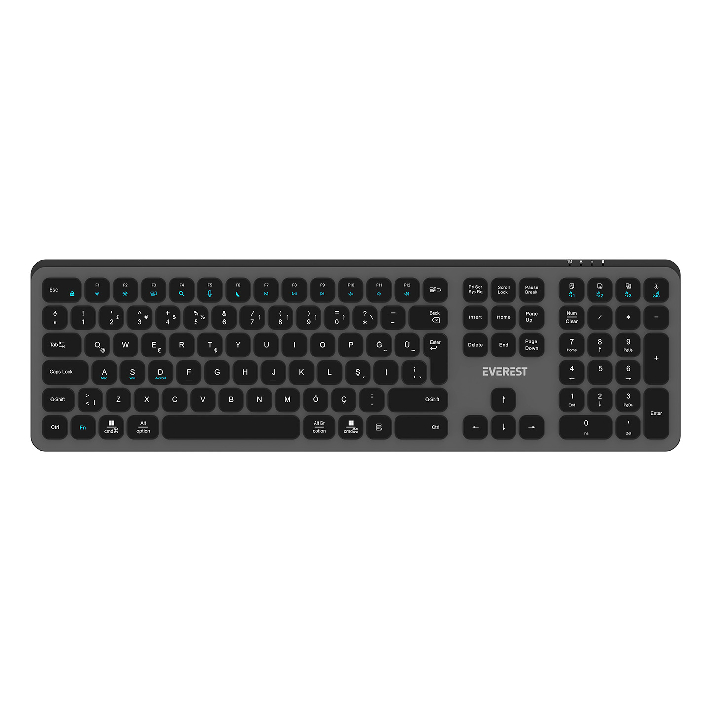 Everest KB-53 Gri/Siyah 2.4+BT1+BT2+BT3 Çoklu Cihaz Bağlantılı Q Kablosuz klavye