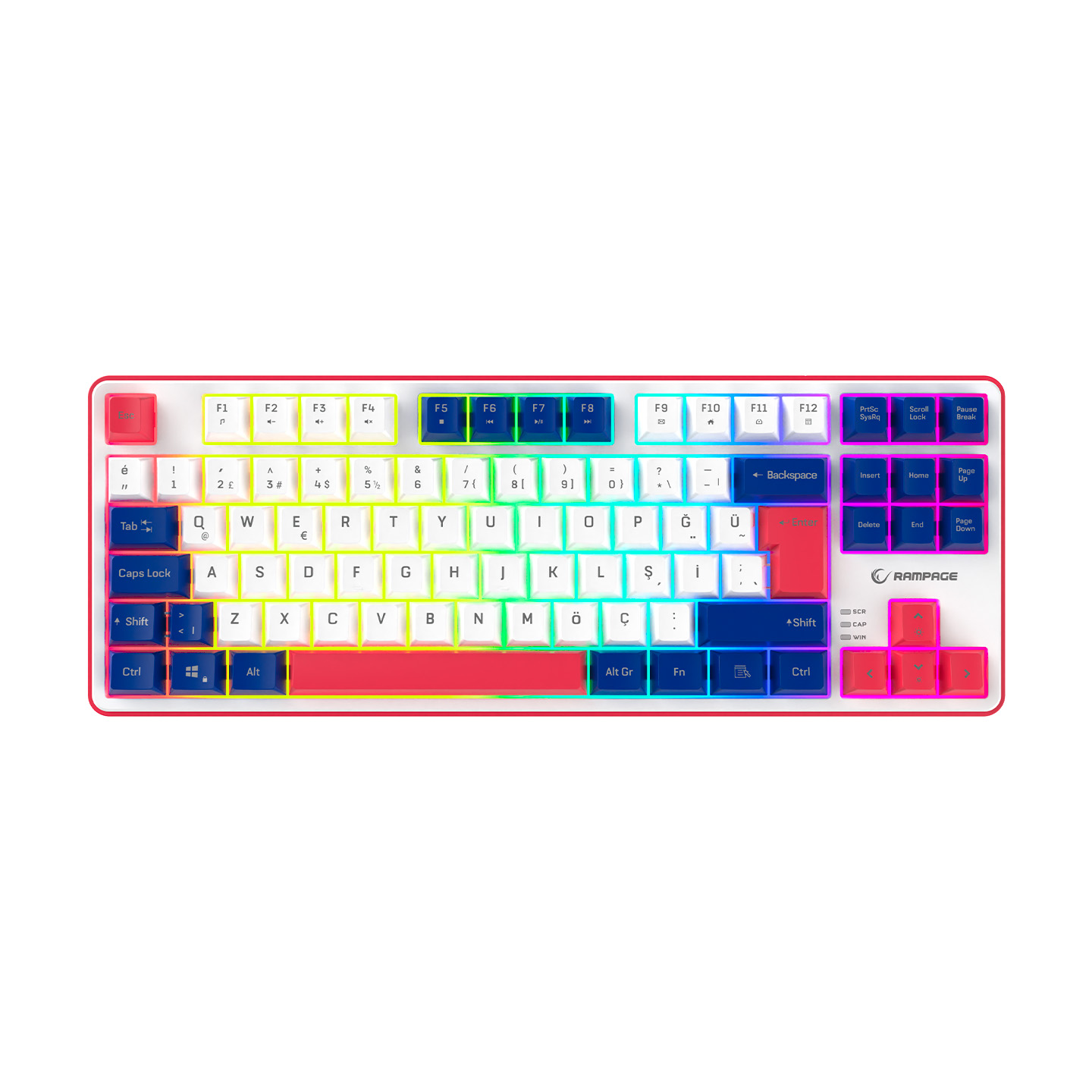 Rampage Clicky TKL Beyaz/Lacivert/Kırmızı Mekanik Hisli Rainbow Q Membrane Oyuncu Klavyesi