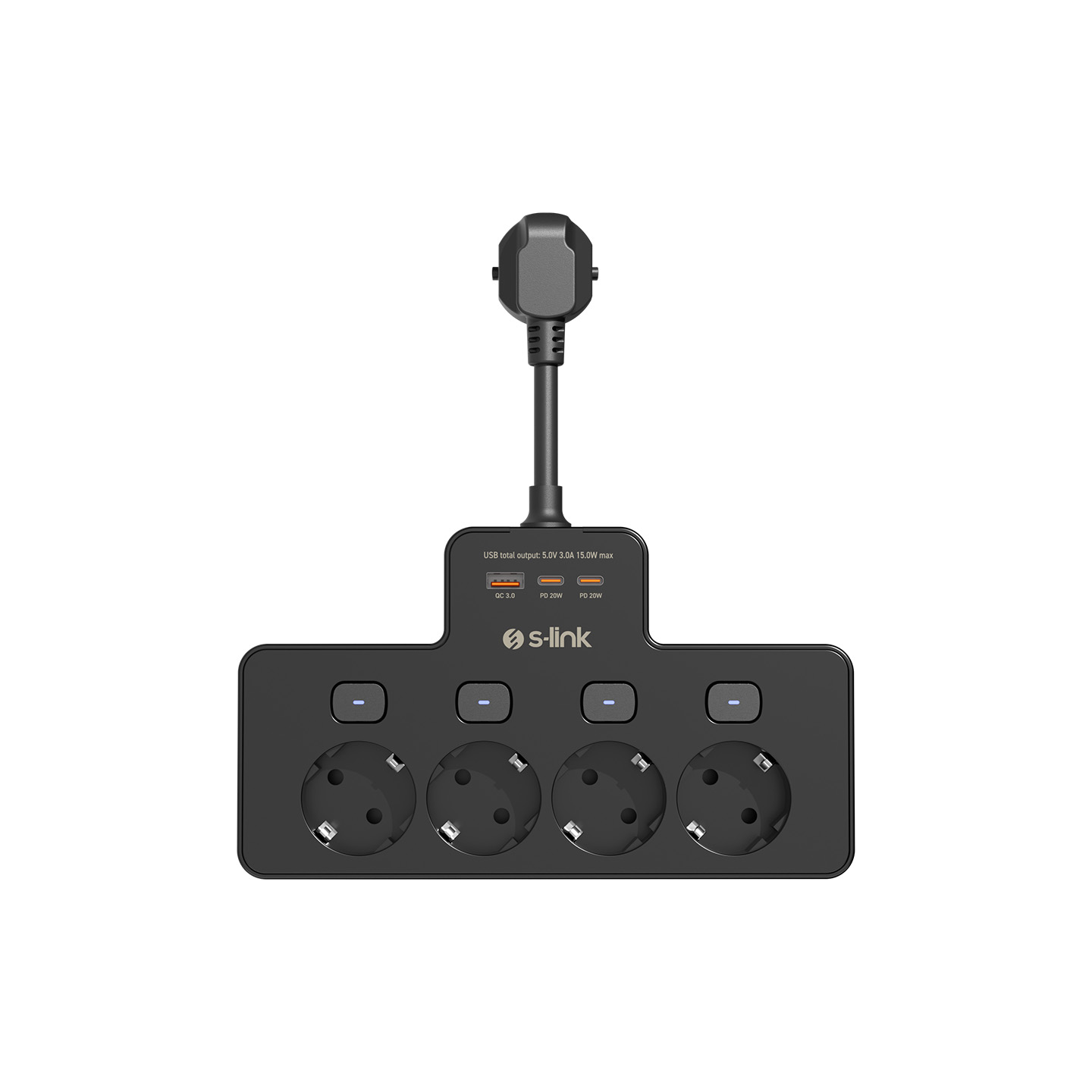 S-link PRZ08 Siyah 4 Soketli 15cm 1 USB 2 Type-C PD20W Tam Bakır Kablolu Akım Korumalı Priz