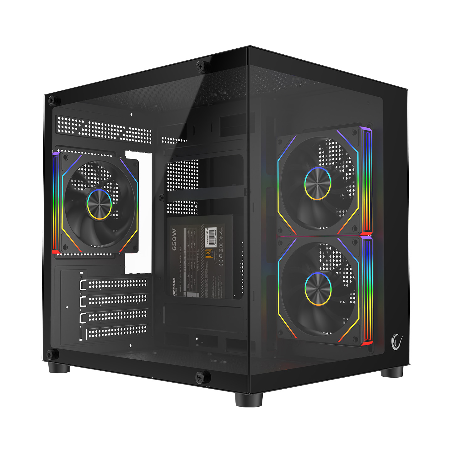 Rampage LUMID 650W 80 Plus Bronze M-ATX Temperli Camlı 3*12cm ARGB Fan Siyah Oyuncu Kasası