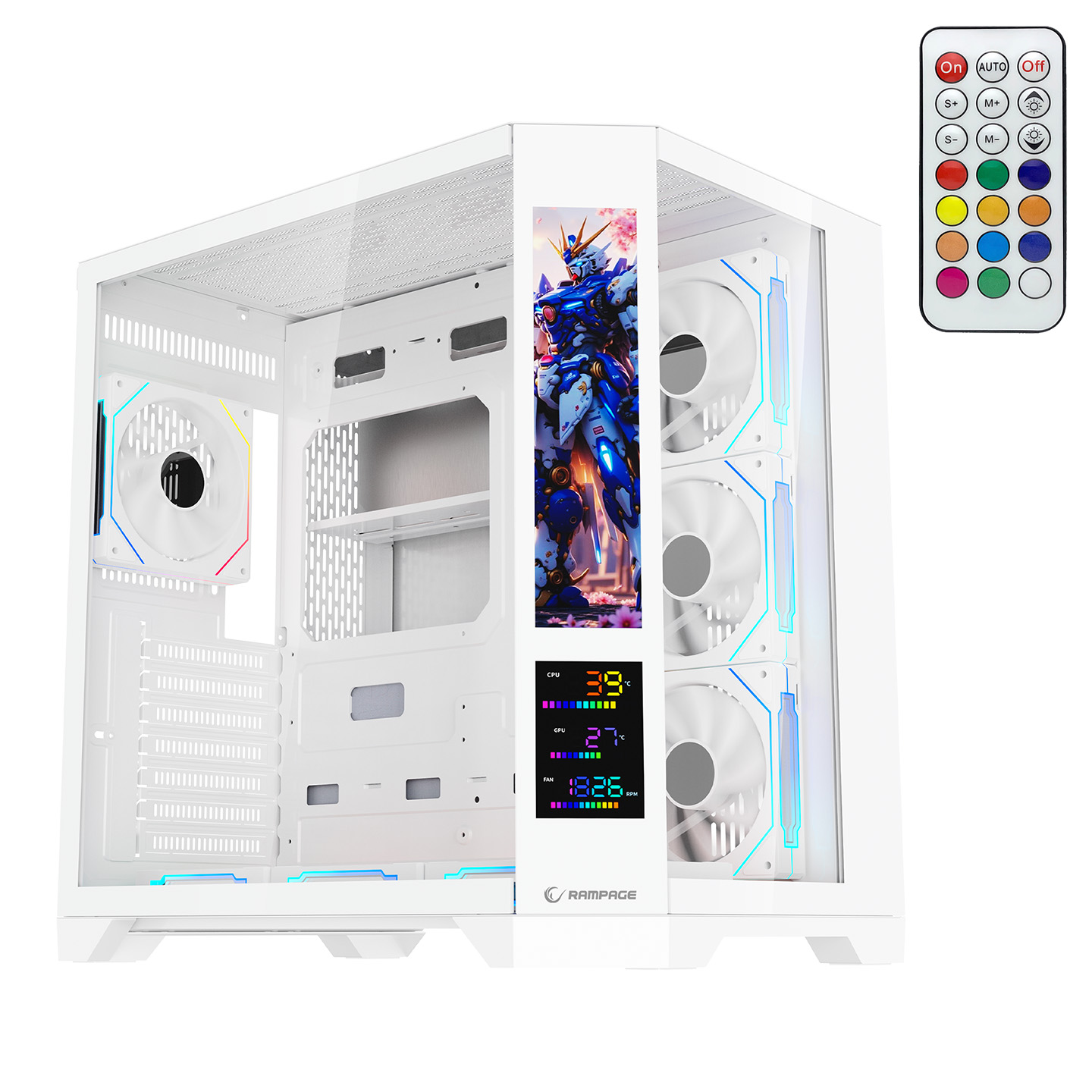 Rampage NOVA V2 9.16 Lcd Ekranlı Hub+Kumanda Beyaz 7x12cm ARGB Pwm Fan Gaming Oyuncu Kasası