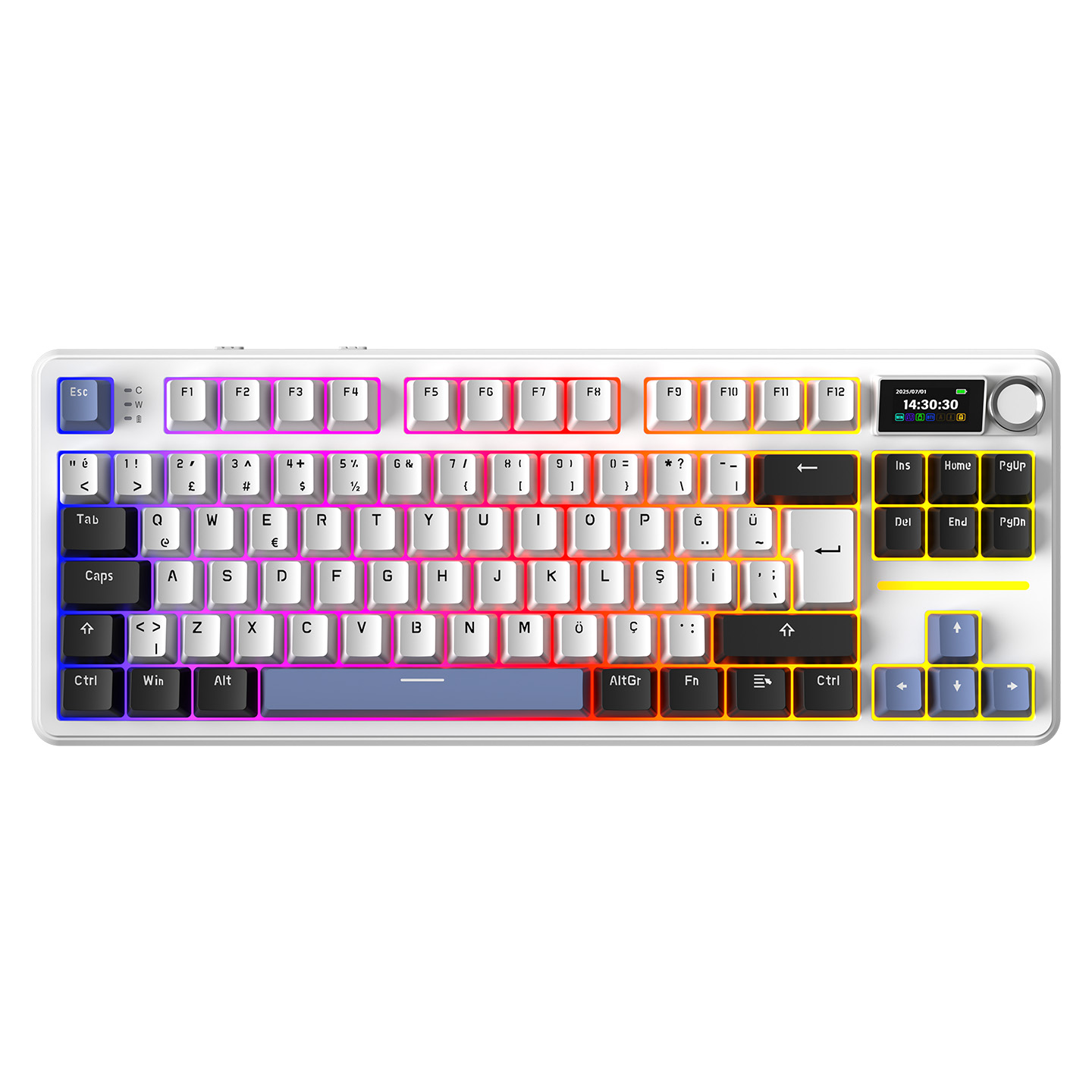 Rampage Valinor TKL Pro Ekranlı Beyaz Hot Swap 2.4G + BT Wireless RGB Gasket Oil Switch Türkçe Q PBT Keycaps Mekanik Kla