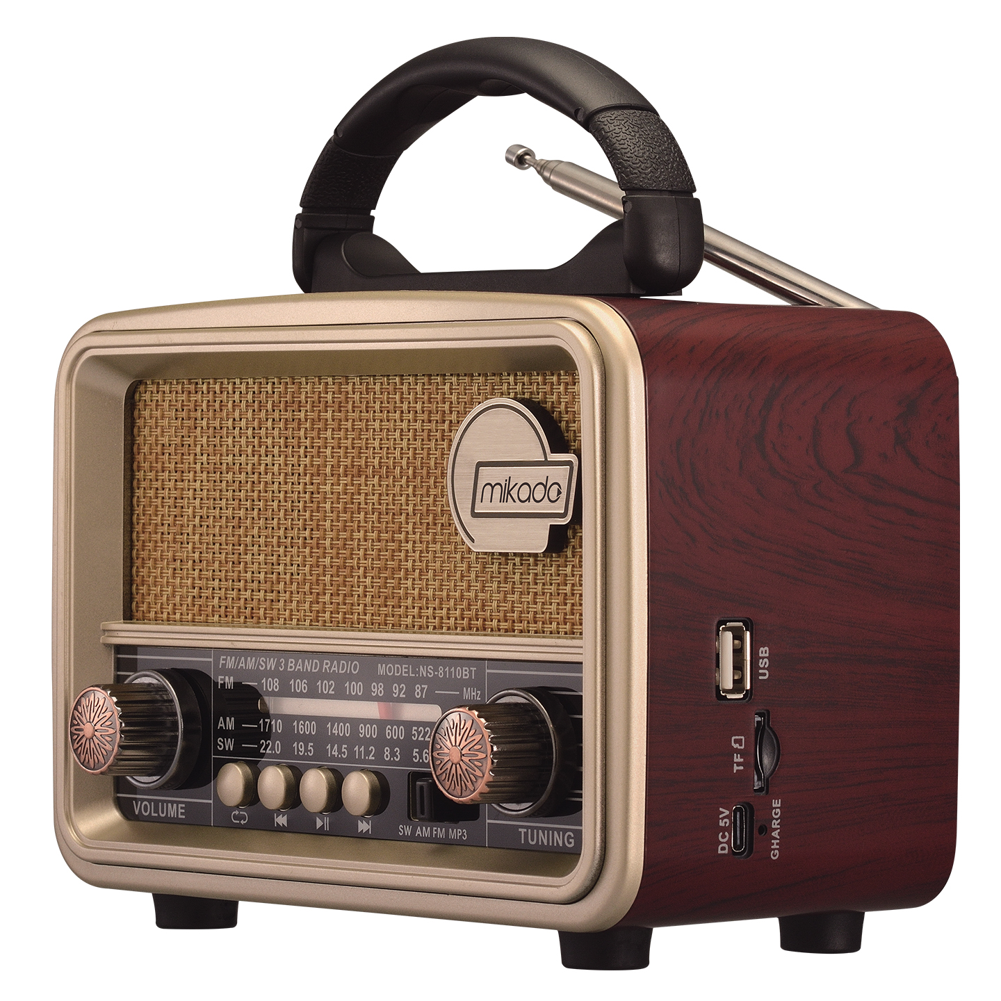 Mikado MDR-11BT Kahverengi Usb-TF Destekli Bluetooth FM/AM/SW 5W 1200mAh 3 Band Klasik Radyo