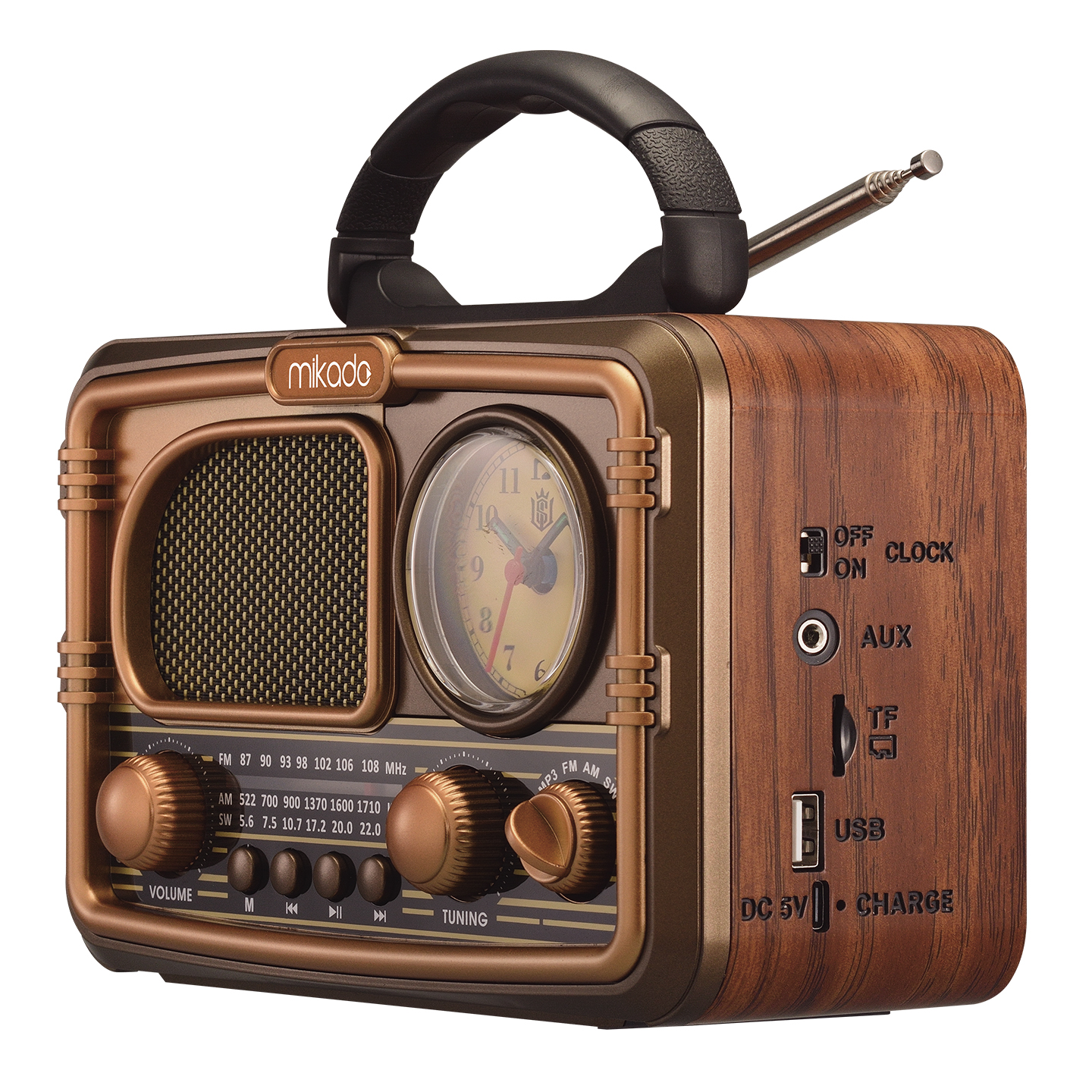 Mikado MDR-12BT Kahverengi Usb-TF Destekli Bluetooth FM/AM/SW 5W 1200mAh 3 Band Klasik Radyo