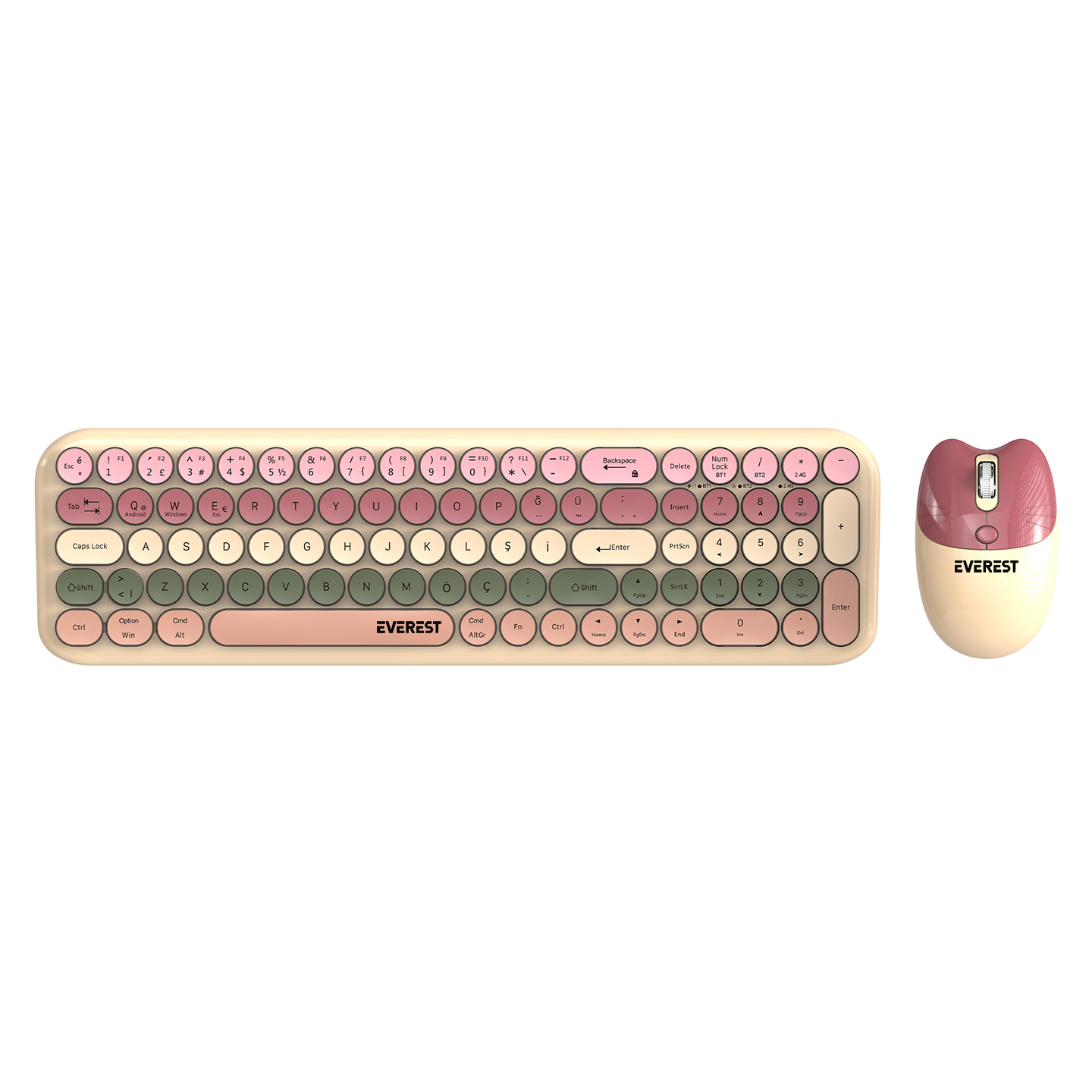 Everest KM-7030 Lumid Renkli Tuşlu Bej Kablosuz 2.4 + BT Q Klavye + Mouse Set