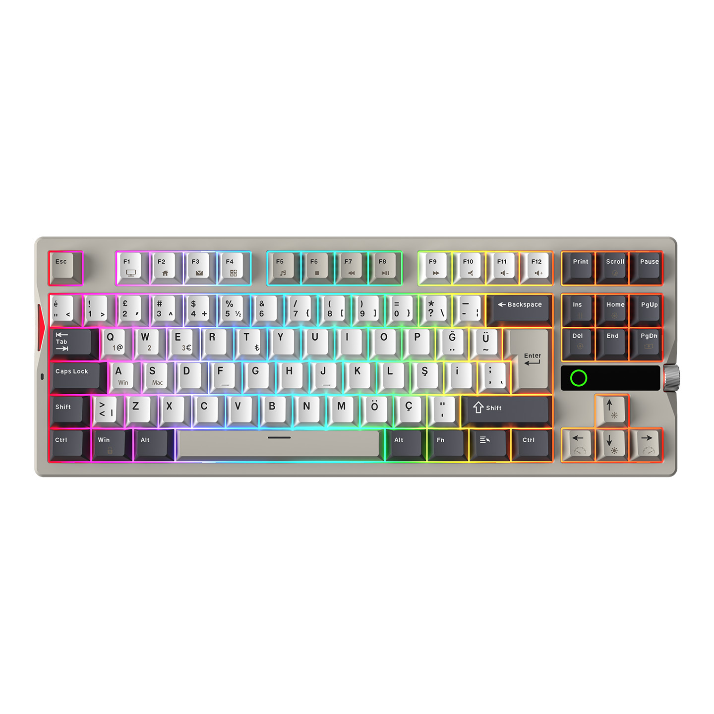 Rampage Gaskety TKL Beyaz / Gri 2.4G + BT Wireless RGB Hot Swap Gasket Oil Switch Türkçe Q PBT Keycaps 5000 Mah Mekanik