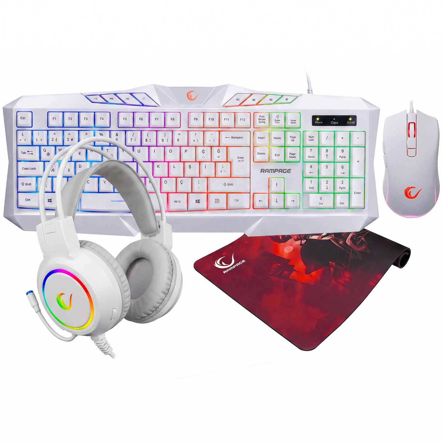 Rampage KM-404 ARGENTI Rainbow Aydınlatmalı Beyaz USB Gaming Combo Q Klavye + Kulaklık + Mouse + Mousepad