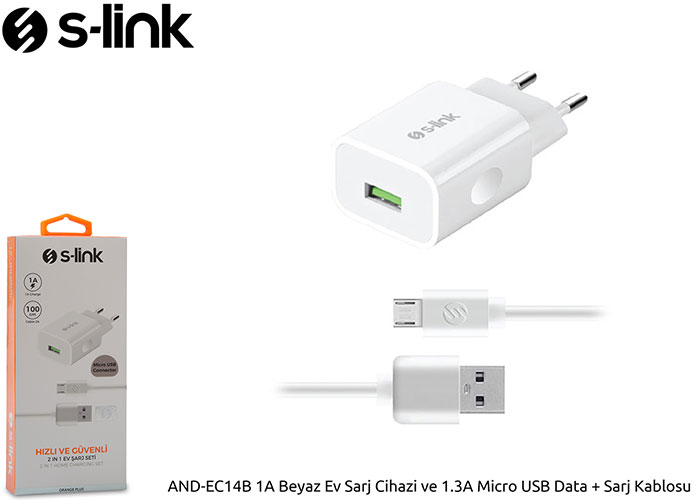 S-link AND-EC14B 1A Beyaz Ev Sarj Cihazi ve 1.3A Micro USB Data + Şarj Kablosu