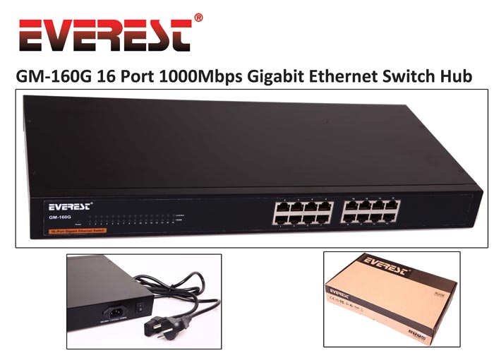 Everest GM-160G 16Port 10/100/1000Mbps Rock Uyumlu Metal Kasa Gigabit Ethernet Switch Hub