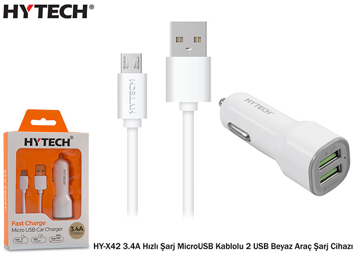 Hytech HY-X42 3.4A Hızlı Şarj MicroUSB Kablolu 2 USB Beyaz Araç Şarj Cihazı