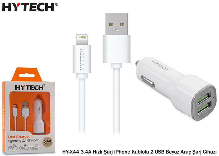 Hytech HY-X44 3.4A Hızlı Şarj iPhone Lightning Kablolu 2 USB Beyaz Araç Şarj Cihazı