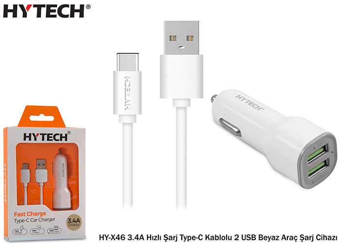 Hytech HY-X46 3.4A Hızlı Şarj Type-C Kablolu 2 USB Beyaz Araç Şarj Cihazı