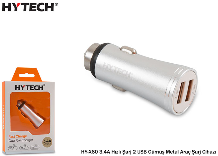 Hytech HY-X60 3.4A Hızlı Şarj 2 USB Gümüş Metal Araç Şarj Cihazı