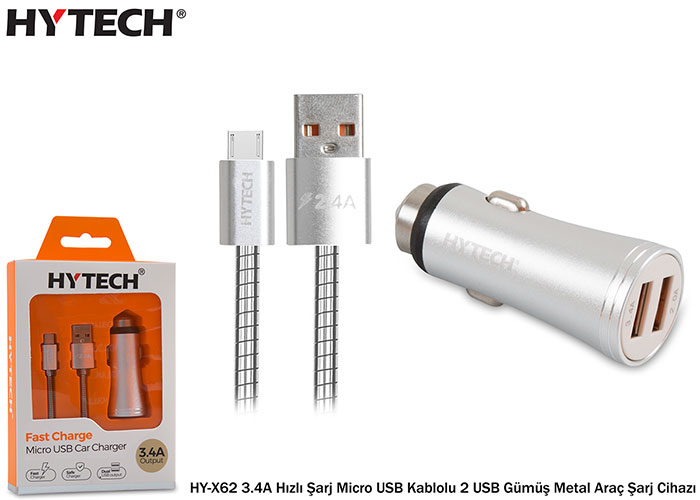 Hytech HY-X62 3.4A Hızlı Şarj Micro USB Kablolu 2 USB Gümüş Metal Araç Şarj Cihazı
