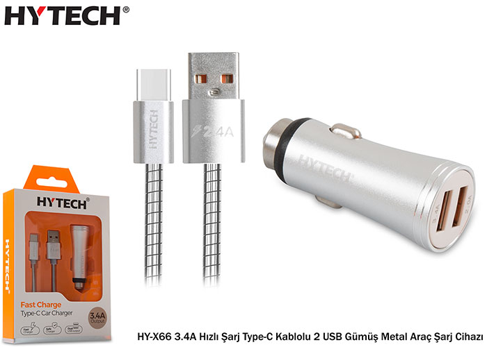 Hytech HY-X66 3.4A Hızlı Şarj Type-C Kablolu 2 USB Gümüş Metal Araç Şarj Cihazı