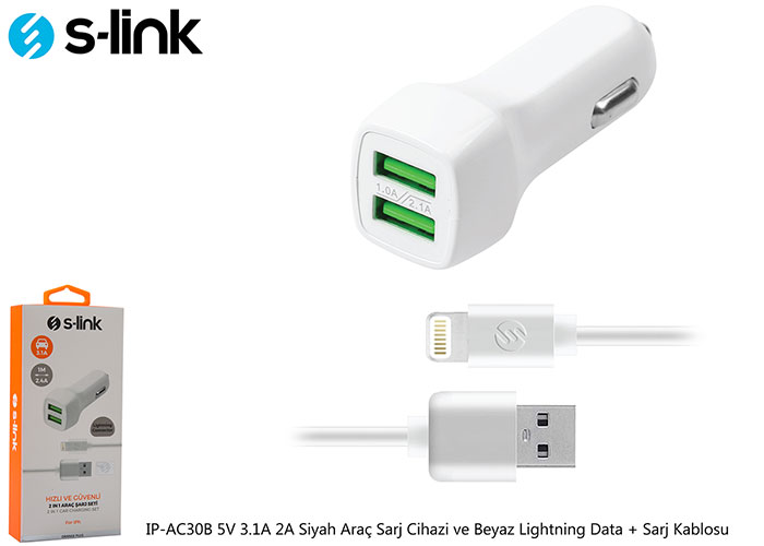 S-link IP-AC30B 5V 3.1A 2A Siyah Araç Sarj Cihazi ve Beyaz Lightning Data + Sarj Kablosu