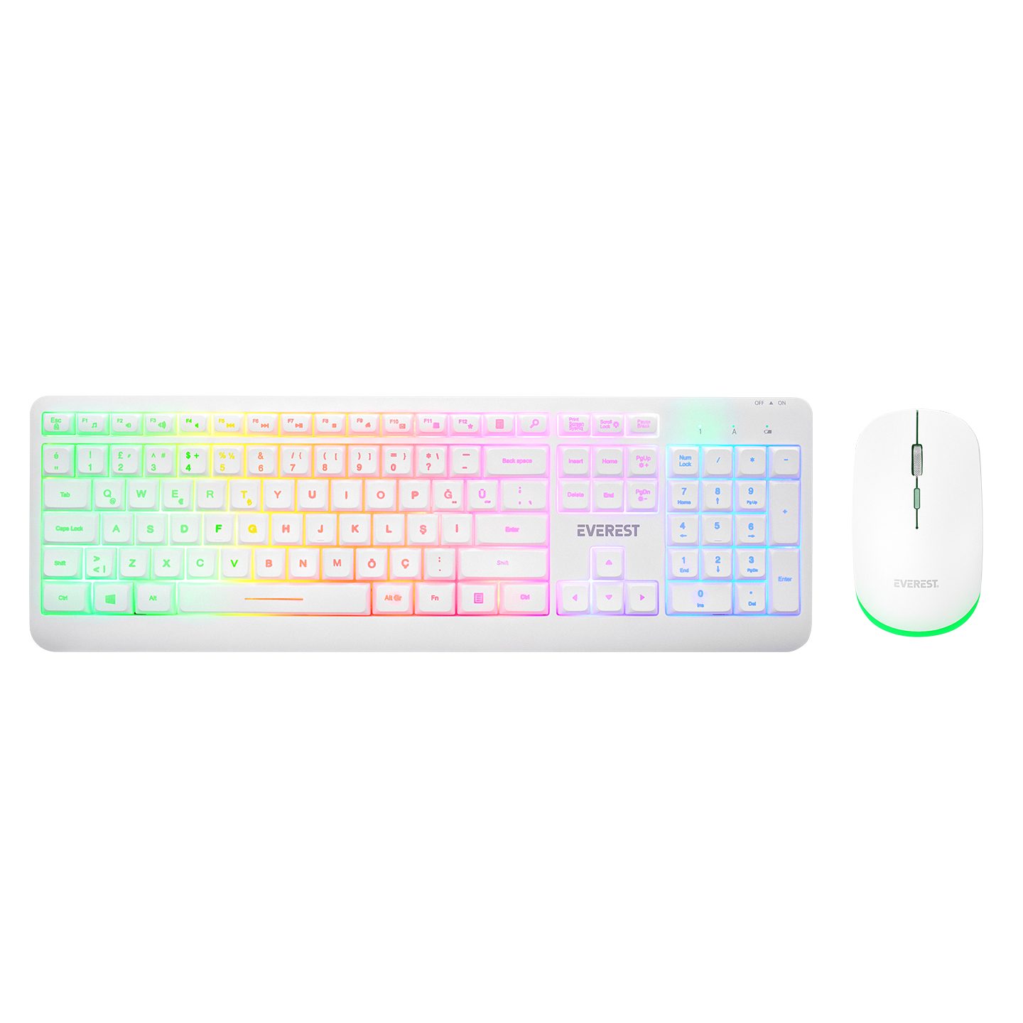 Everest KM-1500 Beyaz Kablosuz Rainbow Aydınlatmalı Q Multimedia Klavye + Mouse Set