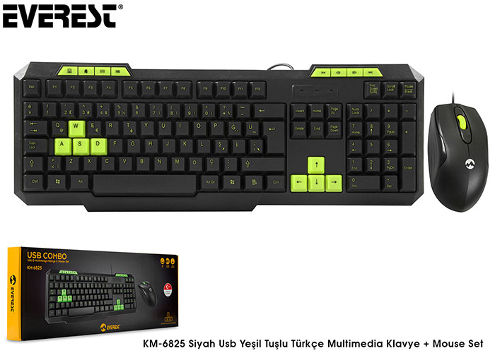 Everest KM-6825 Siyah Usb Yeşil Tuşlu Türkçe Multimedia Klavye + Mouse Set