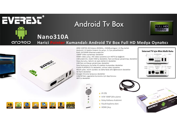 Everest Nano310A Harici Pointer Kumandalı Android TV Box Full HD Medya Oynatıcı