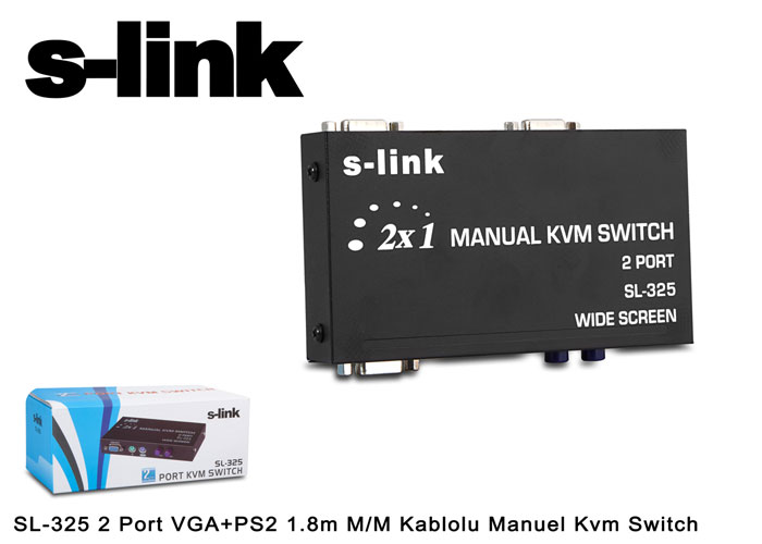 S-Link SL-325 2 Port VGA+PS2 1.8m M/M Kablolu Manuel Kvm Switch